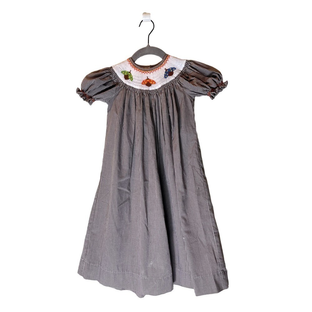 REMEMBER NGUYEN gingham colorful bugs SMOCKED DRESS